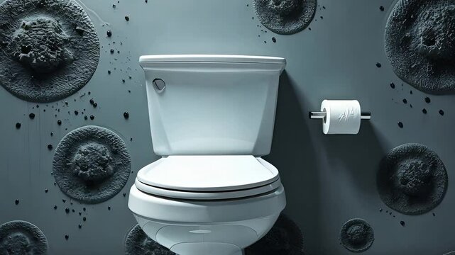 White Toilet with Toilet Paper Roll Against Wall Covered in Dark Mold Spots