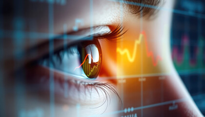 Close-Up of Human Eye with Digital Data Overlay and Financial Graph