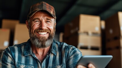 A joyful middle-aged bearded man sitting in a warehouse, holding a tablet while surrounded by cardboard boxes, showcasing a friendly and relaxed atmosphere.
