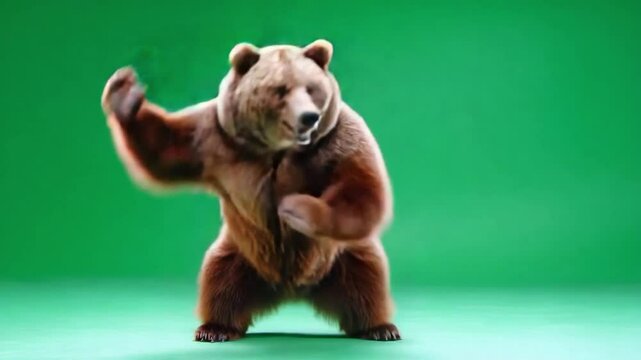 Dancing Bear: A powerful bear, captured in a moment of pure delight, dancing and exhibiting playful motion in front of a vibrant green screen, the image of joy and the untamed beauty of the wild 