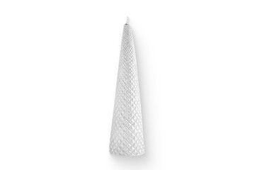 A decorative white cone-shaped candle with a textured surface, ideal for ambiance and aesthetic enhancement.