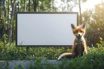 baby fox sitting in front of a clean billboard-style sign, forest background with bright natural light
