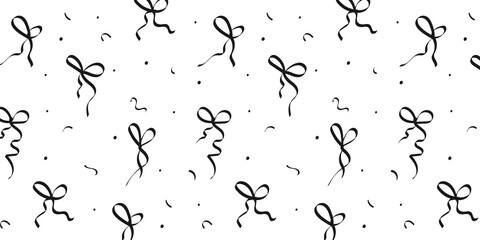 Cute Bows Pattern, Background with Hand Drawn Bows, Vintage, Black, Transparent Background