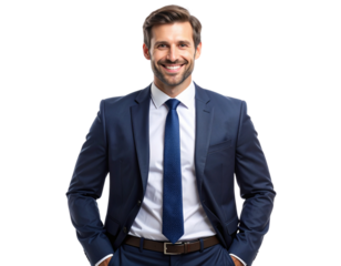  Professional Businessman in Formal Suit with Hands in Pockets, Smiling – Transparent Background