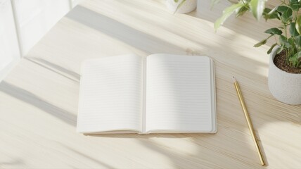 Fototapeta premium Open Blank Notebook and Pencil on Minimalist Wooden Desk with Sunlight pencil minimalist lined pages