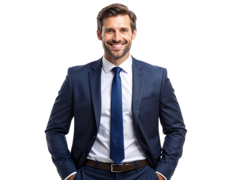 Professional Businessman in Formal Suit with Hands in Pockets, Smiling – Transparent Background