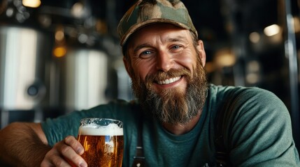 A joyful man with a beard and cap proudly holds a glass of beer, showcasing a friendly atmosphere in a brewery setting filled with traditional brewing equipment in the backdrop.