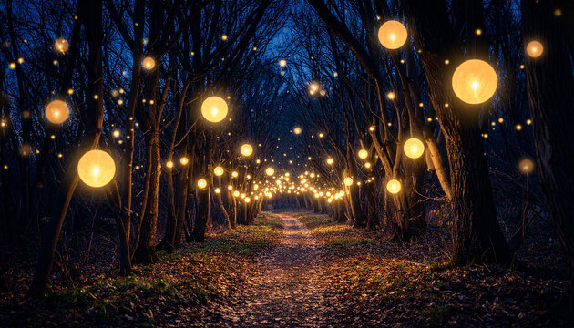 Enchanted Forest Path: A magical path through a serene forest at twilight, illuminated by a string of glowing orbs, leading into the enchanting and tranquil heart of the woods.