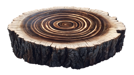 Surreal image of a tree stump with rings that form a detailed spiral galaxy pattern, symbolizing cosmic time/connection, isolated on Transparent background