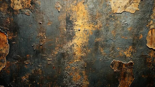 Weathered texture with dark and gold tones, showing peeling paint and rust