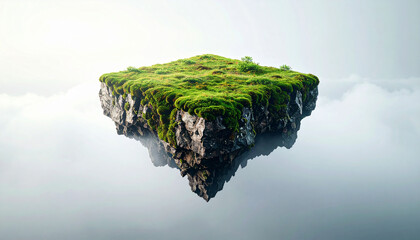 Floating Island in the Sky: A surreal image of a landmass suspended among fluffy clouds, showcasing vibrant green vegetation atop a rugged terrain. An artistic interpretation of the sky and earth