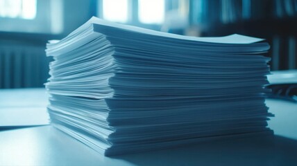 Large Stack of Paperwork on Desk in Office paperwork office desk paper stack documents work task law