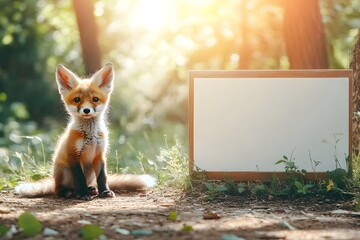baby fox sitting in front of a clean billboard-style sign, forest background with bright natural light
