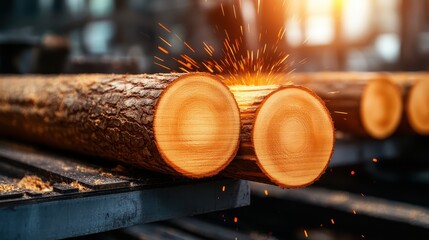 A dynamic image depicting freshly cut logs being processed, showcasing sparks flying from the cutting action, highlighting the industrial nature of lumber production.