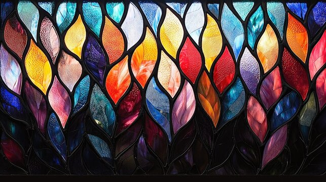 Vibrant stained glass window with intricate leaf-like patterns.