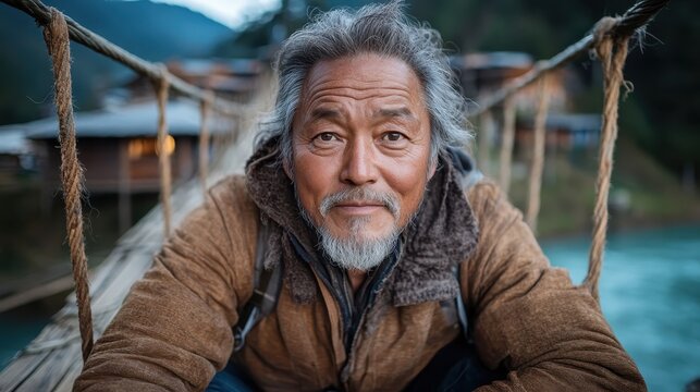 An elderly man with a wise expression sits on a rustic wooden bridge, surrounded by nature, showcasing the beauty of life experience and the tranquility of the outdoors.