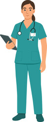 Flat Vector of Female Nurse in Teal Scrubs Holding Clipboard and Wearing Stethoscope