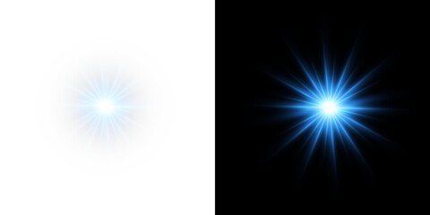 Futuristic blue light PNG with transparent highlights, glow, sun rays and bokeh sparks. Radiant star effect for modern abstract design, luxurious overlays or colorful visual effects