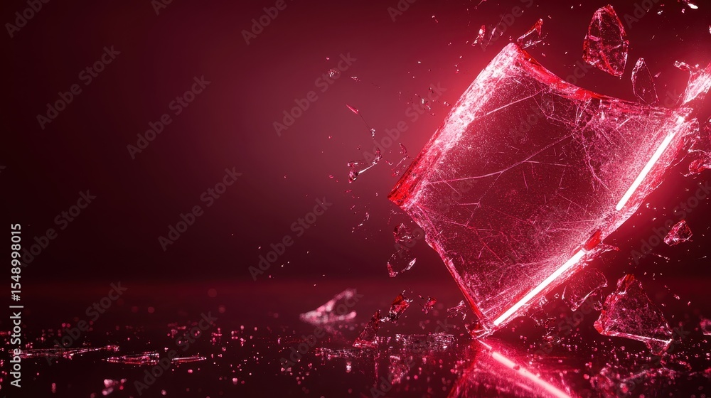 Poster this striking image depicts a piece of shattered glass illuminated by a vibrant red glow, creating a