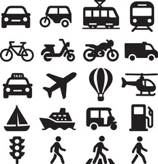 Transportation Icon Set – Car, Bike, Bus, Plane, Ship, and More Travel Symbols
