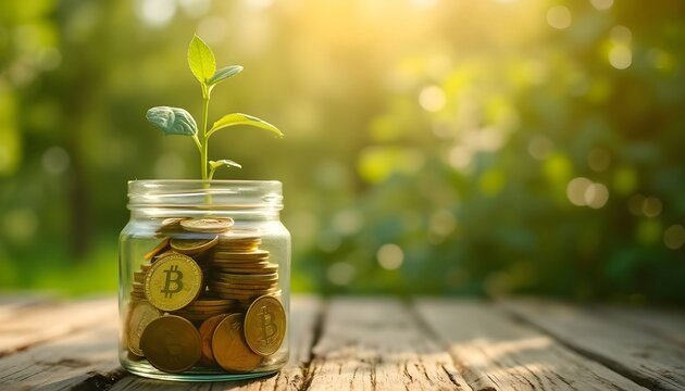 Bitcoin cryptocurrency growth: plant sprouting from jar of gold coins outdoors