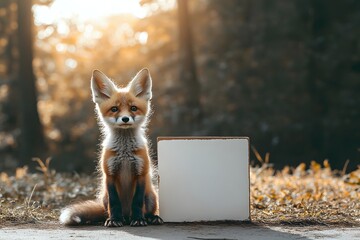baby fox sitting in front of a clean billboard-style sign, forest background with bright natural light
