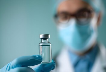 Gloved hand holding a vial of clear liquid, doctor in background, medical concept