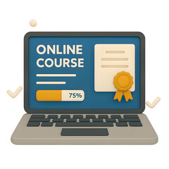 3D Illustration of Online Course Progress with Certificate on Laptop Screen