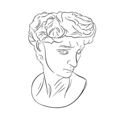 Linear sketch drawing of Divid head. Antique statue of the mythical god in the engraving style. Creative minimal vector for design, web, stickers