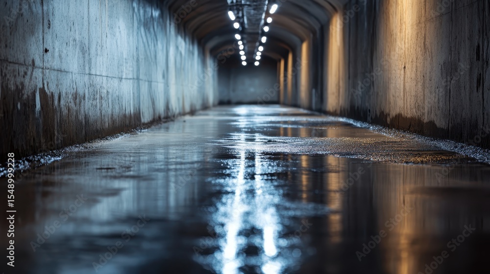 Aufkleber this atmospheric image depicts a damp, illuminated tunnel with reflections on the wet floor, creatin