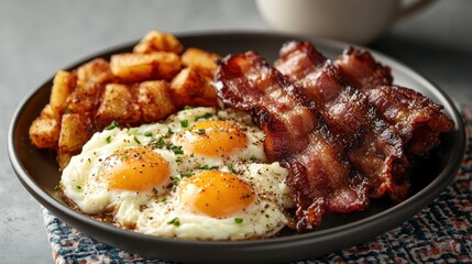 A mouthwatering breakfast plate featuring fried eggs, crispy bacon, and golden-brown hash browns, perfect for indulging in a hearty morning meal.