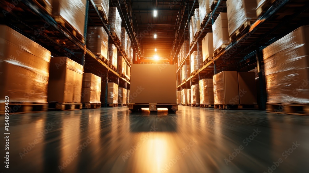 Poster the image captures a spacious warehouse filled with pallets, illuminated by warm sunset light, creat