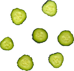 Slices of cucumber arranged on a white background, showcasing their fresh, green color and texture.