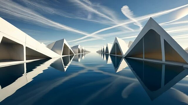 Modern Triangular White Buildings with Reflections in Calm Blue Water Under Clear Sky