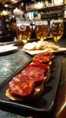 Sliced chorizo a la sidra tapas served on bread with beer in background