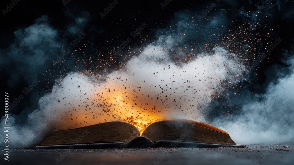 Poster an open book erupts in sparks and smoke, visually illustrating the explosive impact of knowledge and