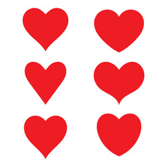 A set of six simple red heart icons, offering varied minimalist shapes.
