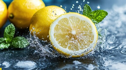 Vibrant lemons create a beautiful splash in clear water, symbolizing freshness and vitality, perfect for culinary or refreshing beverage themes.