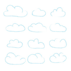 Crayon blue clouds set. Hand drawn various cloud shapes. Vector illustration on white background