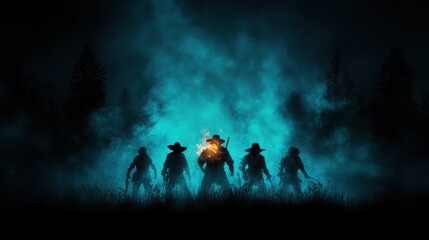 A striking silhouette of cowboys exudes strength and mystery against a foggy dark background, embodying themes of courage and adventure in a suspenseful atmosphere.