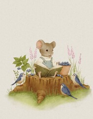 Vintage Watercolor Mouse Sitting and Reading a Book Watercolor Animal Illustration