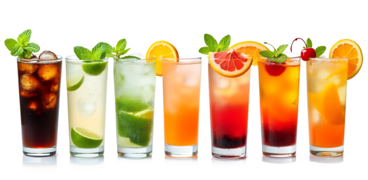 Colorful Summer Cocktails with Fresh Fruit on Transparent Background