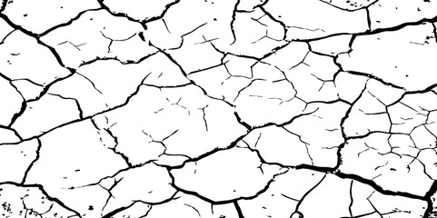 A high-contrast black and white texture of cracked earth or dry, parched ground. The image features irregular, jagged fissures and organic shapes, creating a fragmente.