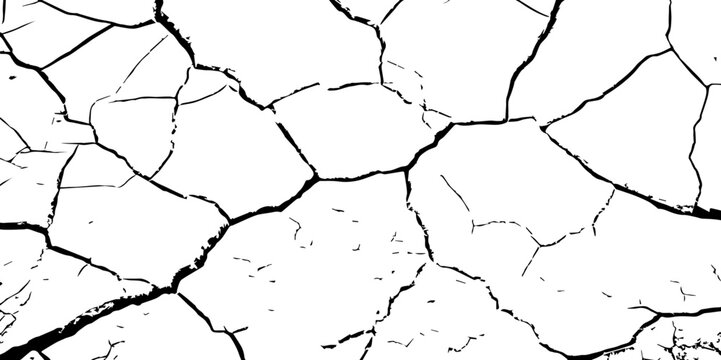 A high-contrast black and white texture of cracked earth or dry, parched ground. The image features irregular, jagged fissures and organic shapes, creating a fragmente.