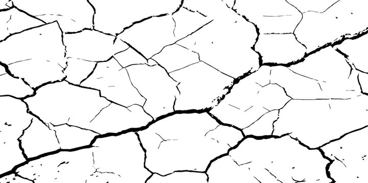 A high-contrast black and white texture of cracked earth or dry, parched ground. The image features irregular, jagged fissures and organic shapes, creating a fragmente.