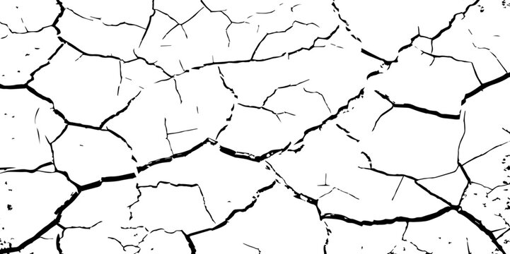 A high-contrast black and white texture of cracked earth or dry, parched ground. The image features irregular, jagged fissures and organic shapes, creating a fragmente.
