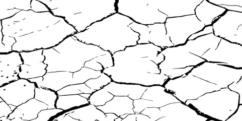 A high-contrast black and white texture of cracked earth or dry, parched ground. The image features irregular, jagged fissures and organic shapes, creating a fragmente.