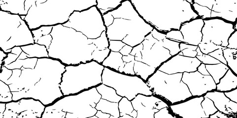 A high-contrast black and white texture of cracked earth or dry, parched ground. The image features irregular, jagged fissures and organic shapes, creating a fragmente.