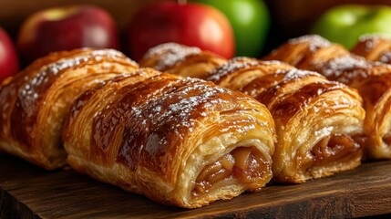 A deliciously tempting image of freshly baked apple strudel laid out on a rustic wooden board, invoking the warmth of home baking and culinary joy that delights the senses.