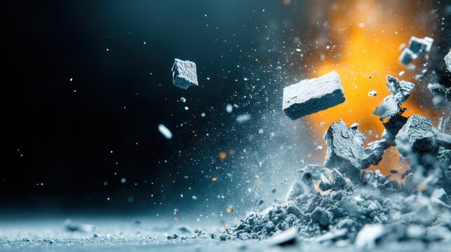 An intense and captivating image of concrete debris exploding in a dramatic fashion, capturing raw energy and the force of destruction in an artistic and powerful way.